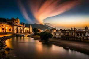 de zonsondergang over- de rivier- en gebouwen in Indië. ai-gegenereerd foto