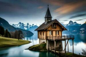 een klein houten kerk zit Aan de kust van een meer. ai-gegenereerd foto