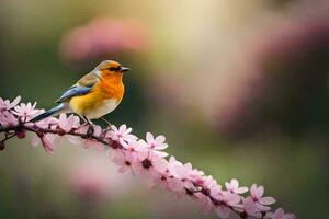 een blauw en oranje vogel is neergestreken Aan een Afdeling van roze bloemen. ai-gegenereerd foto