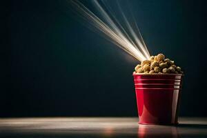 een rood kop gevulde met popcorn Aan een donker tafel. ai-gegenereerd foto