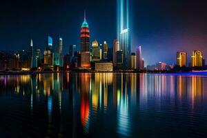 de stad lichten omhoog Bij nacht met een reflectie in de water. ai-gegenereerd foto