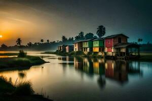 een rivier- met huizen en palm bomen Bij zonsondergang. ai-gegenereerd foto