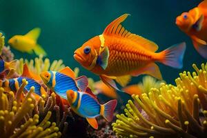 een groep van kleurrijk vis zwemmen in een oceaan. ai-gegenereerd foto