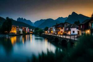 foto behang de lucht, bergen, rivier, brug, huizen, dorp, rivier, brug,. ai-gegenereerd