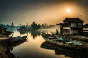 twee boten zitten Aan de kust van een rivier- Bij zonsopkomst. ai-gegenereerd foto