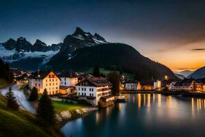 foto behang de lucht, bergen, meer, dorp, Zwitserland, Alpen, Zwitserland. ai-gegenereerd