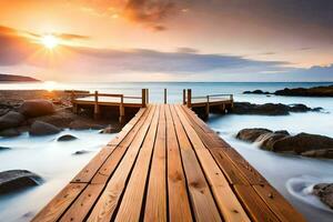 een houten brug Leidt naar de oceaan Bij zonsondergang. ai-gegenereerd foto