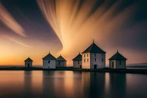 de zon sets over- een meer met een weinig huizen. ai-gegenereerd foto