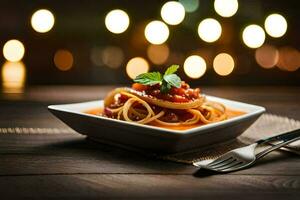 spaghetti met tomaat saus en basilicum bladeren Aan een bord. ai-gegenereerd foto