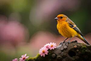 een klein oranje vogel is neergestreken Aan een Afdeling. ai-gegenereerd foto