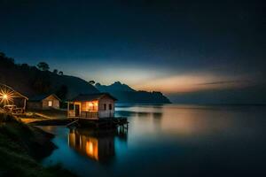 een klein huis Aan de kust van een meer Bij nacht. ai-gegenereerd foto