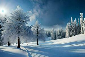 winter is komt eraan, de bomen zijn gedekt in sneeuw. ai-gegenereerd foto