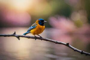 een blauw en oranje vogel zittend Aan een Afdeling. ai-gegenereerd foto
