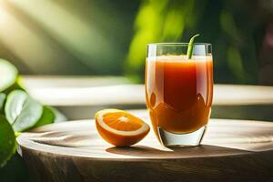 een glas van oranje sap Aan een tafel. ai-gegenereerd foto