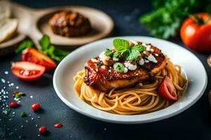 kip borst met pasta en tomaten Aan een zwart achtergrond. ai-gegenereerd foto