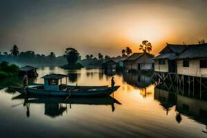 een boot is aangemeerd in voorkant van een huis Bij zonsondergang. ai-gegenereerd foto