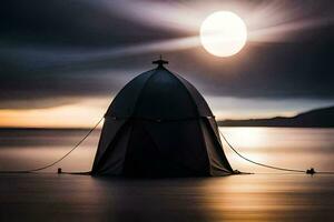 een tent zittend Aan de water met de zon instelling achter het. ai-gegenereerd foto