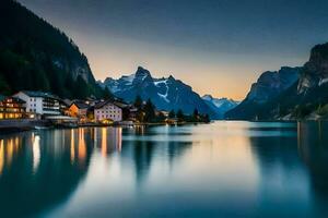 de bergen en meer Bij zonsondergang in de Alpen. ai-gegenereerd foto