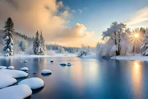 een rivier- in de sneeuw. ai-gegenereerd foto