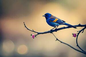 een blauw vogel zit Aan een Afdeling met roze bloemen. ai-gegenereerd foto