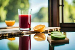 een glas van sap zit Aan een tafel De volgende naar een oranje. ai-gegenereerd foto