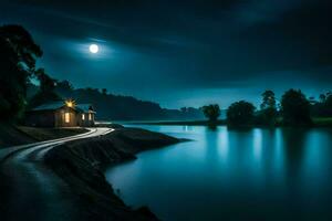 een huis zit Aan de kust van een meer Bij nacht. ai-gegenereerd foto