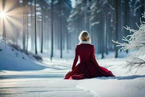 een vrouw in een rood jurk zit in de sneeuw. ai-gegenereerd foto