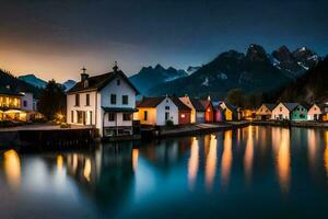 foto behang de lucht, bergen, water, huizen, meer, de nacht, de bergen,. ai-gegenereerd