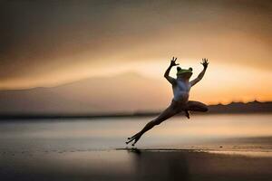 een persoon jumping in de lucht Aan de strand. ai-gegenereerd foto