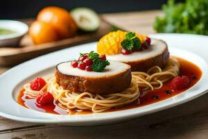 een bord met spaghetti en vlees Aan het. ai-gegenereerd foto