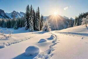 foto behang de lucht, sneeuw, bomen, bergen, zon, bomen, de bergen, de. ai-gegenereerd