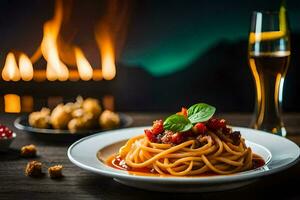 spaghetti met tomaat saus en gehaktballen Aan een bord. ai-gegenereerd foto