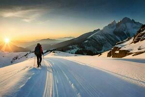 een persoon Aan skis is wandelen naar beneden een besneeuwd berg. ai-gegenereerd foto