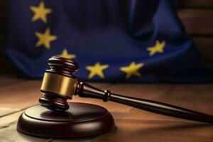 rechters rechtbank hamer met Europese unie vlag Aan achtergrond. genereren ai foto