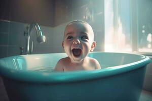 baby lacht in bad kuip in de buurt venster. genereren ai foto