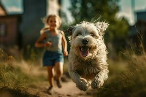 weinig hond huisdier rennen in de groen veld- met meisje peuter. genereren ai foto