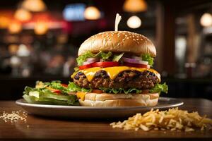 heerlijk Fast food geneugten genieten onze groot smakelijk Hamburger en cheeseburger. ai gegenereerd foto