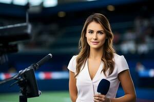 vrouw televisie presentator. sport- commentator, leidend sport- TV nieuws. ai generatief foto