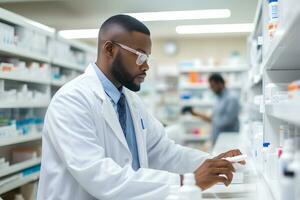 Afro-Amerikaans apotheker in bril en een wit jas cheques geneesmiddelen. ai generatief foto