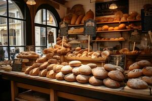 brood winkel. divers types van vers brood broden Aan de schappen van privaat bakkerij. ai generatief foto