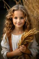meisje in een jurk met een boeket van tarwe aartjes en mooi lang haar. ai generatief foto