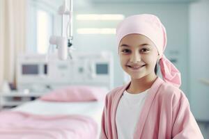 gelukkig kanker geduldig. glimlachen meisje na chemotherapie behandeling Bij ziekenhuis oncologie afdeling. leukemie kanker herstel. kanker overlevende. glimlachen kaal schattig meisje met een roze hoofddoek. generatief ai. foto
