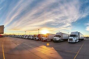 vloot van vrachtwagens geparkeerd Bij parkeren veel werf van levering bedrijf. vrachtauto vervoer. logistiek industrie. vracht vervoer. reclame vrachtauto voor leveren goederen van magazijn. generatief ai. foto