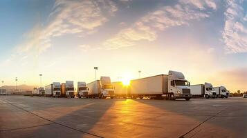 vloot van vrachtwagens geparkeerd Bij parkeren veel werf van levering bedrijf. vrachtauto vervoer. logistiek industrie. vracht vervoer. reclame vrachtauto voor leveren goederen van magazijn. generatief ai. foto