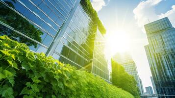 milieuvriendelijk gebouw in de modern stad. duurzame glas kantoor gebouw met boom voor verminderen koolstof dioxide. kantoor gebouw met groen omgeving. zakelijke gebouw verminderen co2. generatief ai. foto