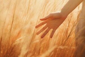 een hand- bereikt uit naar tintje de gouden gras. ai gegenereerd foto