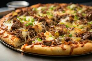 philly kaas steak origineel pizza, heet kaas dichtbij omhoog ai generatief foto