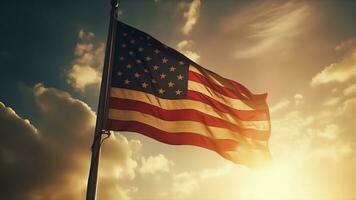 Amerikaans Verenigde Staten van Amerika vlag vliegend in lucht, zonneschijn achtergrond ai generatief foto