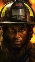 uitgeput brandweerman dichtbij omhoog portret in zweet, brand en rook. generatief ai foto