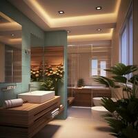 ai gegenereerd luxe badkamer interieur met venster, modern verlichting plafond en bad foto